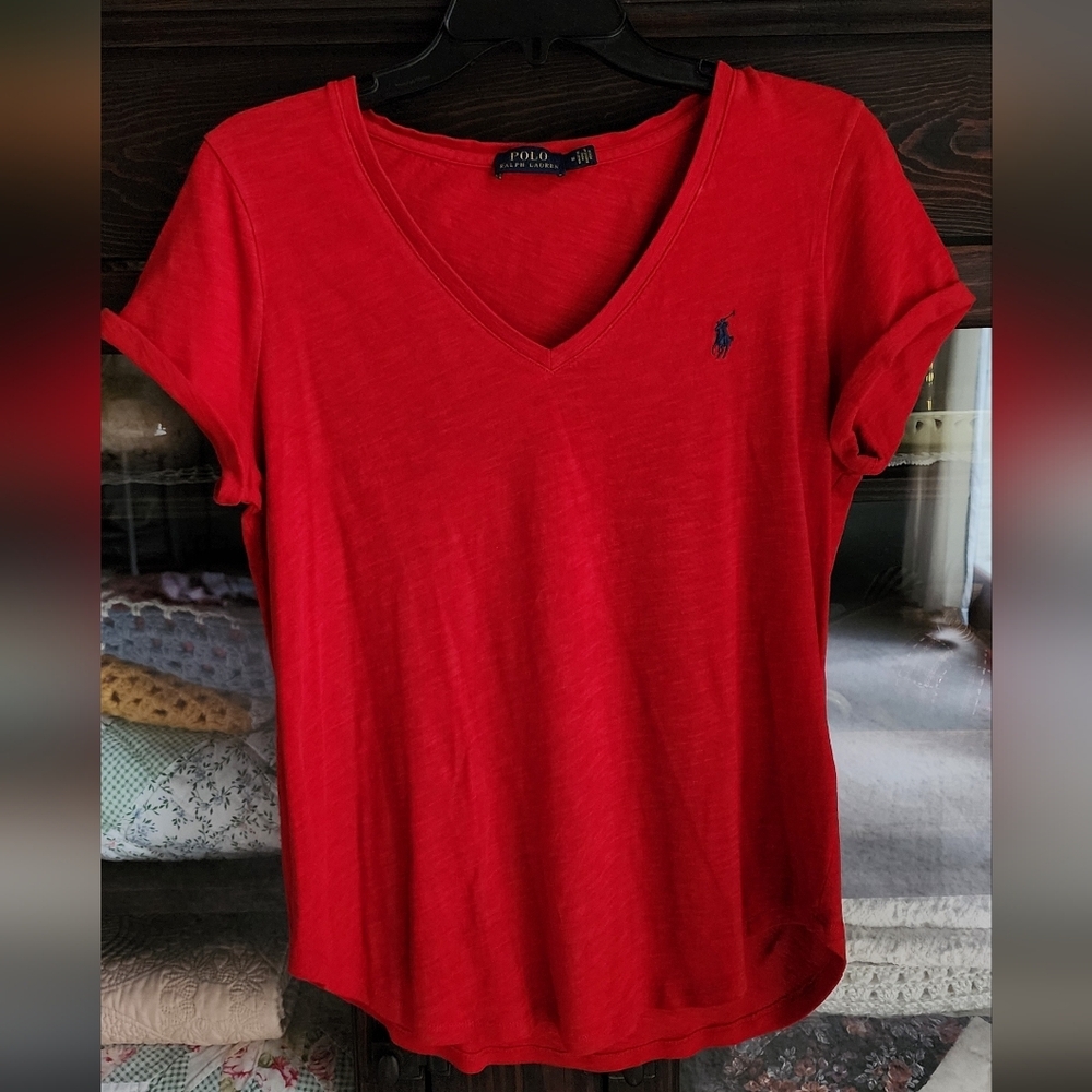 Ralph Lauren Red V‑Neck Short Sleeve Tee with Navy Pony
